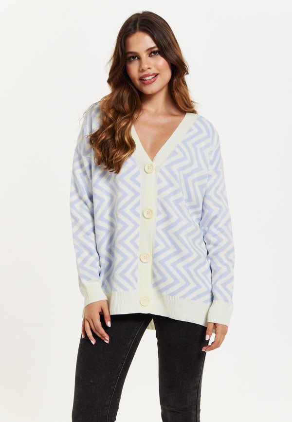 Liquorish Women's Cardigan Blue & White Zig Zag Pattern with Button Closure for Cozy Layering by Liquorish