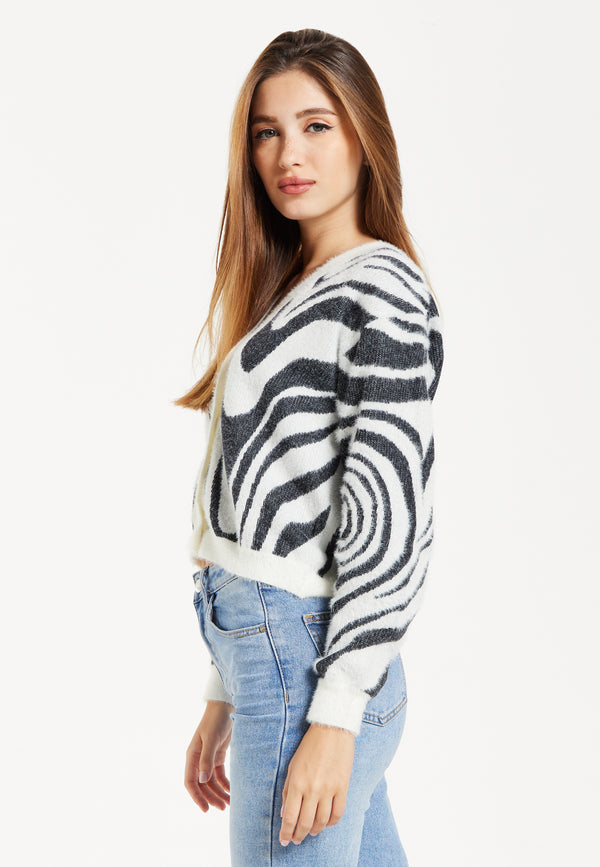 Liquorish Women's Cardigan - Fluffy Black And White Cropped With Long Sleeves Button-Up Design By Liquorish