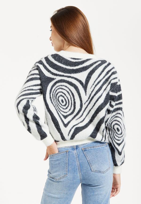 Liquorish Women's Cardigan - Fluffy Black And White Cropped With Long Sleeves Button-Up Design By Liquorish