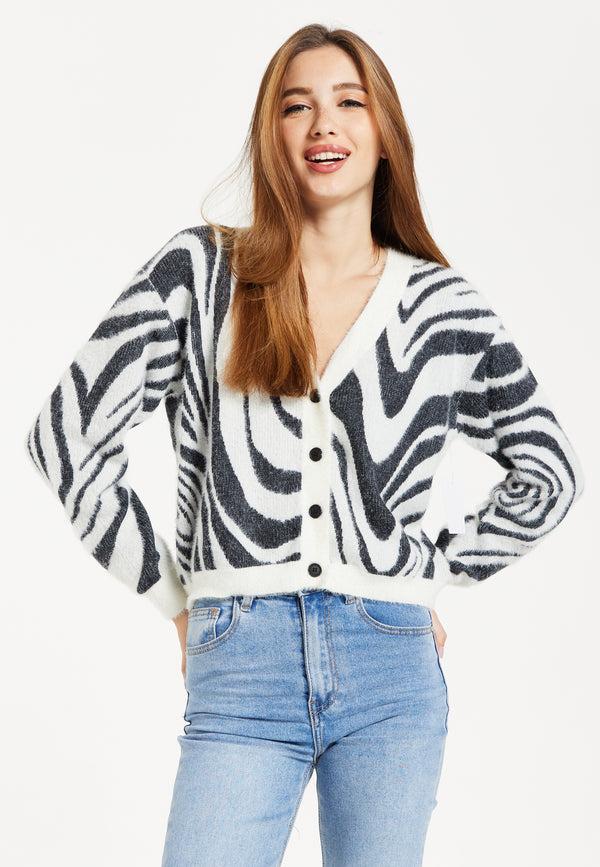 Liquorish Women's Cardigan - Fluffy Black and White Cropped with Long Sleeves Button-Up Design by Liquorish