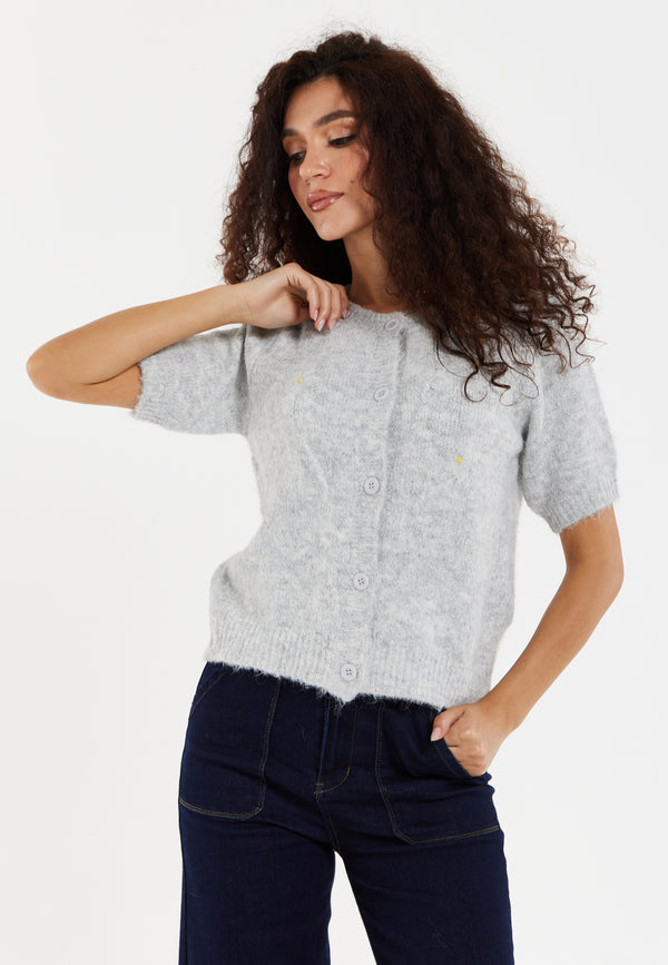 Liquorish Women's Cardigan Grey Floral Knitted Short Sleeve With Button Down Style - Liquorish