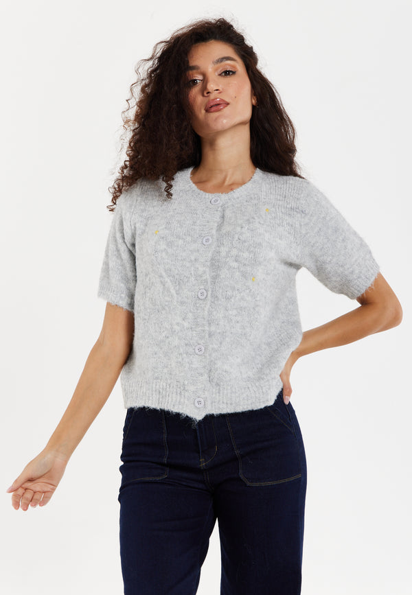 Liquorish Women's Cardigan Grey Floral Knitted Short Sleeve With Button Down Style - Liquorish