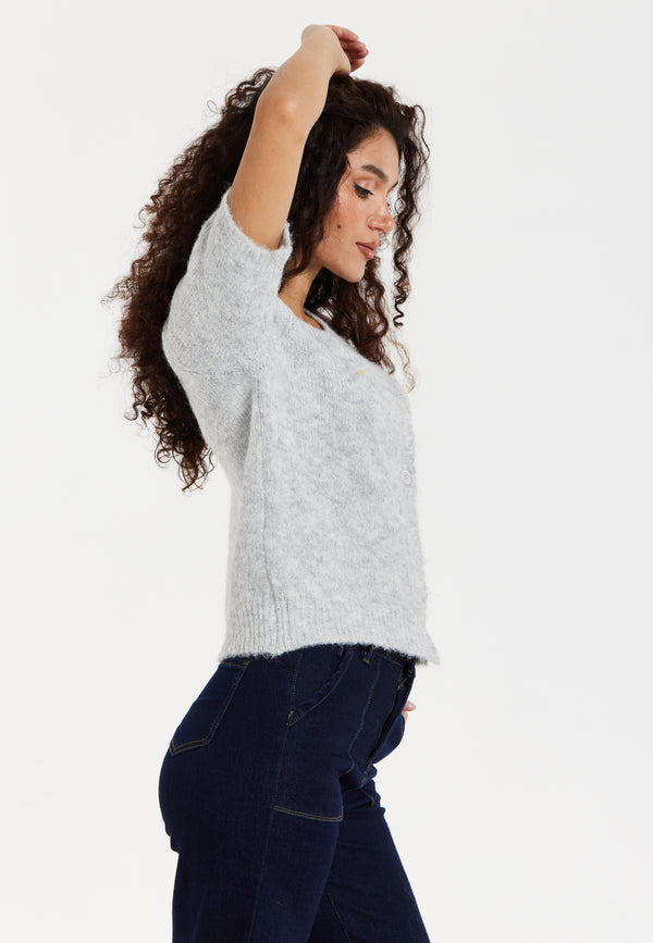 Liquorish Women's Cardigan Grey Floral Knitted Short Sleeve With Button Down Style - Liquorish