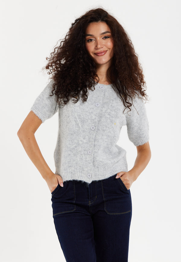 Liquorish Women's Cardigan Grey Floral Knitted Short Sleeve with Button Down Style - Liquorish