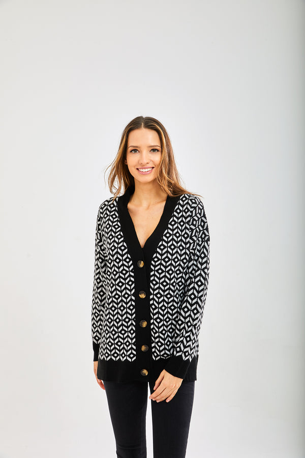 Liquorish Women's Cardigan In Black And White With Long Sleeves Unique Geometric Pattern Stylish Fit - Liquorish
