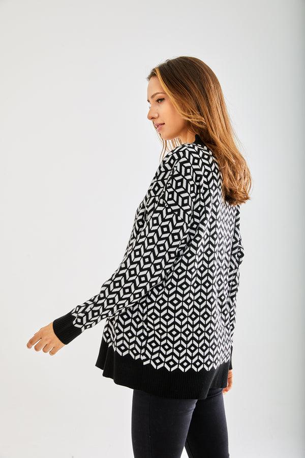 Liquorish Women's Cardigan In Black And White With Long Sleeves Unique Geometric Pattern Stylish Fit - Liquorish