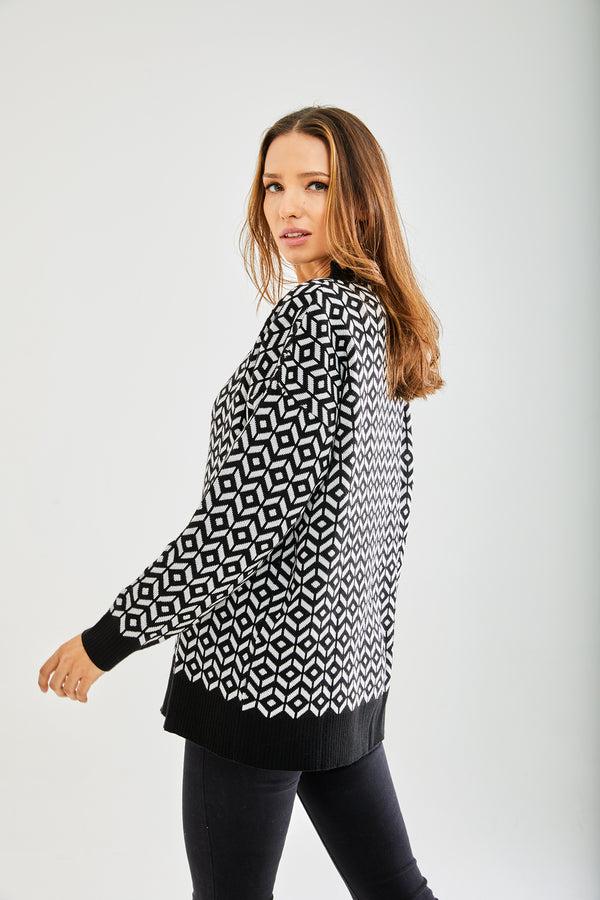 Liquorish Women's Cardigan In Black And White With Long Sleeves Unique Geometric Pattern Stylish Fit - Liquorish