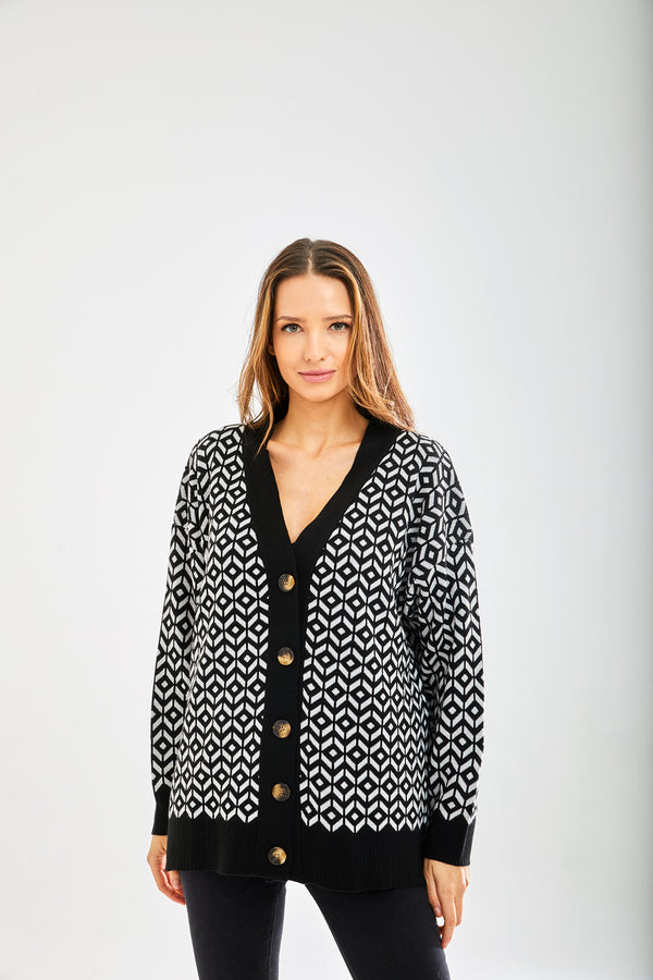 Liquorish Women's Cardigan in Black and White with Long Sleeves Unique Geometric Pattern Stylish Fit - Liquorish