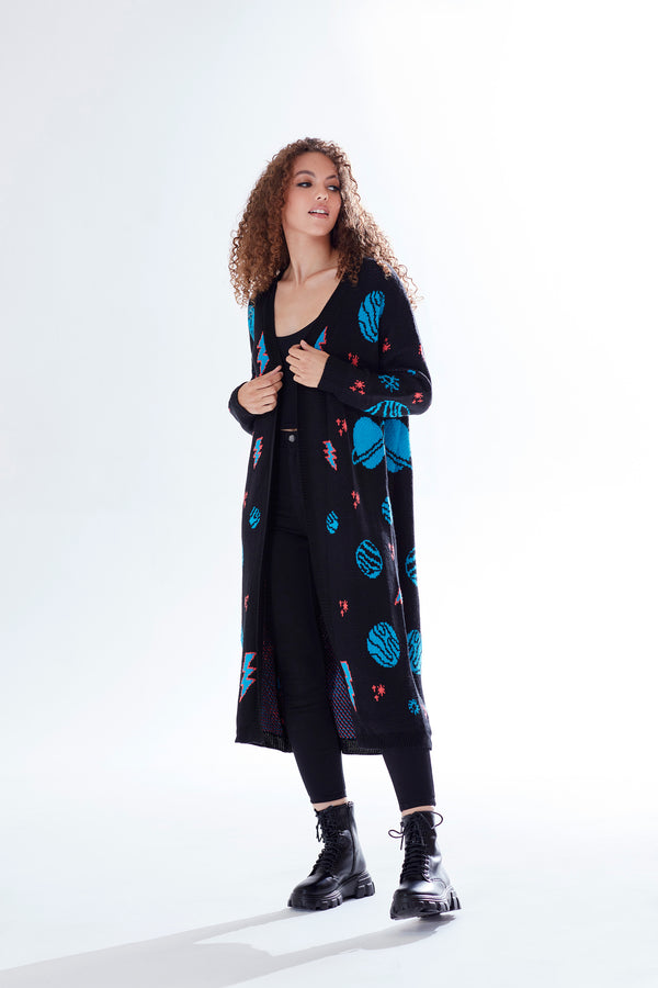 Liquorish Women's Cardigan In Black With Full-Length Sleeves Cosmic Pattern Open Front Stylish Design By Liquorish