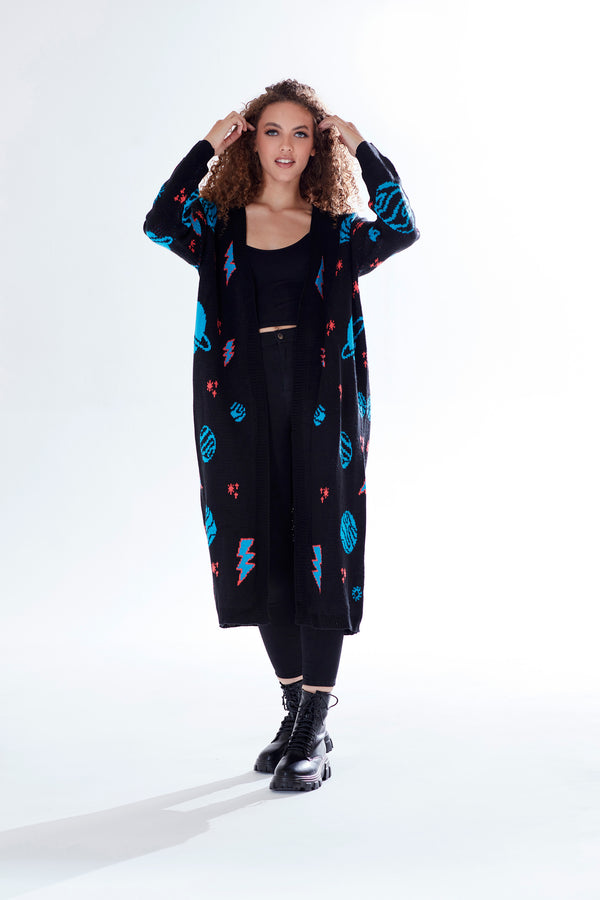 Liquorish Women's Cardigan In Black With Full-Length Sleeves Cosmic Pattern Open Front Stylish Design By Liquorish