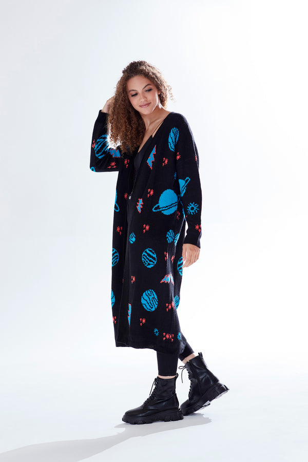Liquorish Women's Cardigan In Black With Full-Length Sleeves Cosmic Pattern Open Front Stylish Design By Liquorish