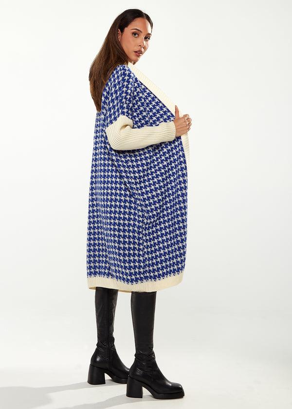 Liquorish Women's Cardigan In Blue & Cream With Full-Length Sleeves Houndstooth Pattern Oversized Fit - Liquorish
