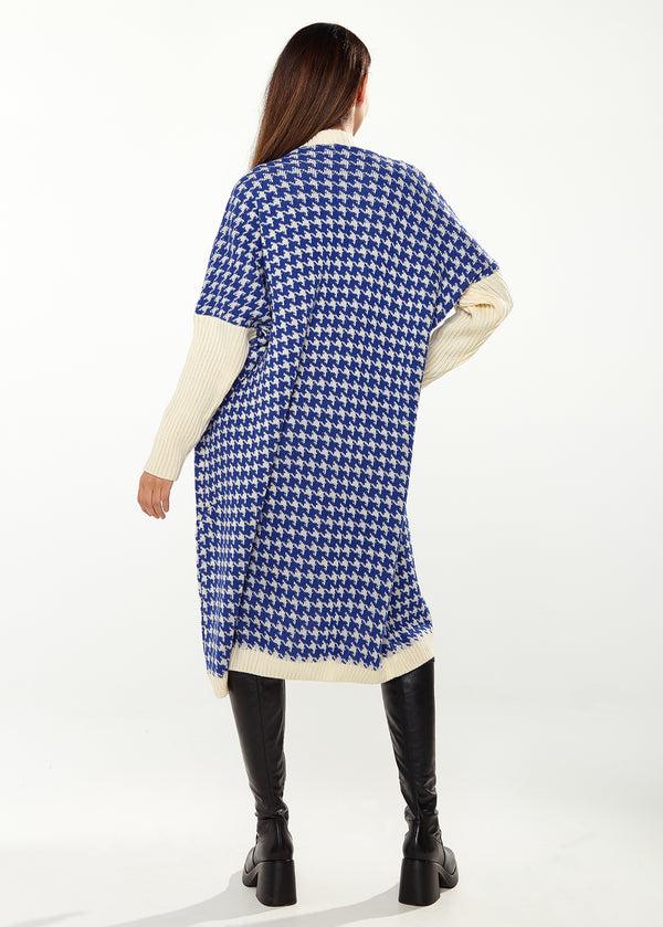 Liquorish Women's Cardigan In Blue & Cream With Full-Length Sleeves Houndstooth Pattern Oversized Fit - Liquorish