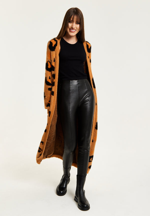 Liquorish Women's Cardigan In Brown With Longline Design Open Front And Leopard Print - Liquorish