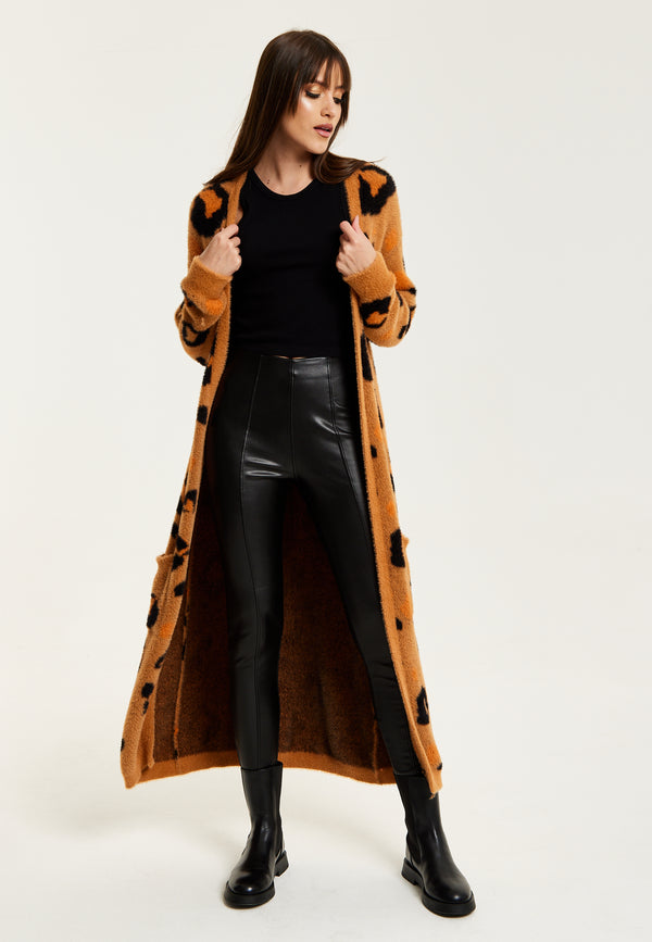 Liquorish Women's Cardigan In Brown With Longline Design Open Front And Leopard Print - Liquorish