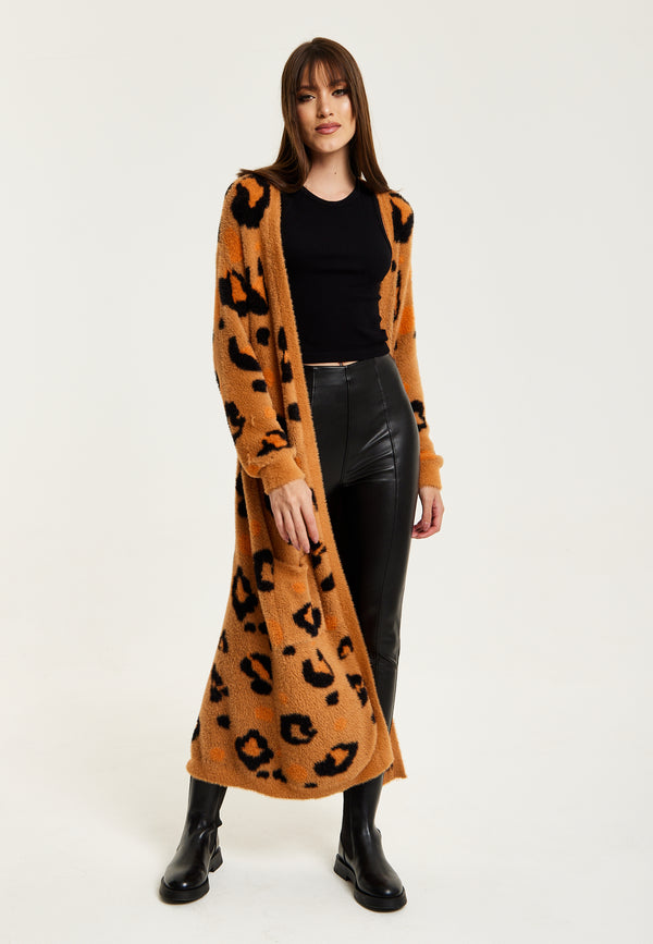 Liquorish Women's Cardigan in Brown with Longline Design Open Front and Leopard Print - Liquorish