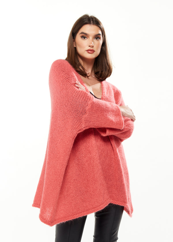 Liquorish Women's Cardigan In Coral & Cream With Long Sleeves Star Detail Back Cozy Knit - Liquorish