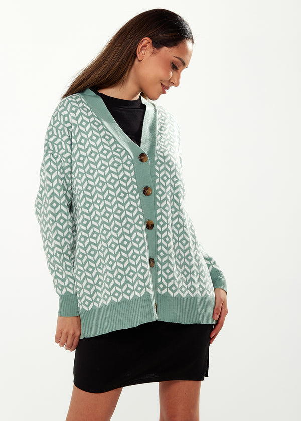 Liquorish Women's Cardigan In Green & Off White Loose Fit With Geometric Pattern Open Front Design By Liquorish