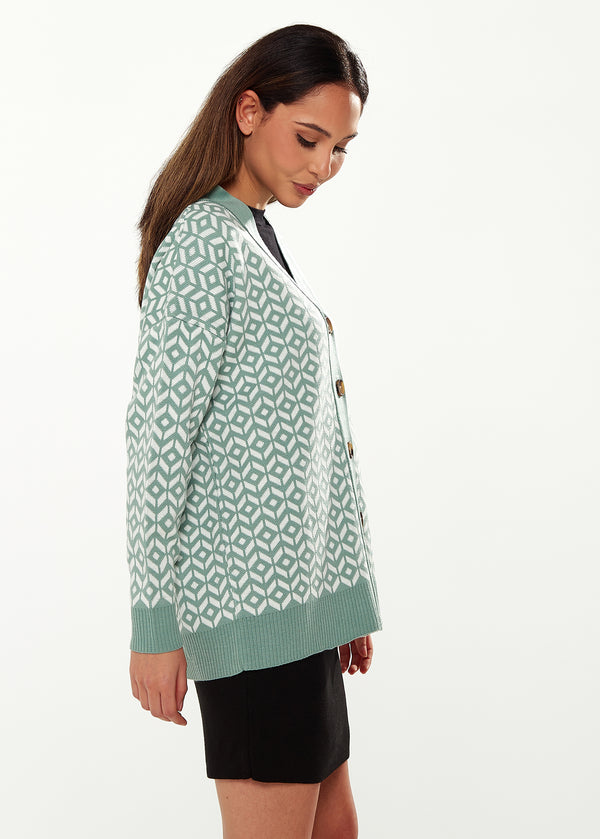 Liquorish Women's Cardigan In Green & Off White Loose Fit With Geometric Pattern Open Front Design By Liquorish