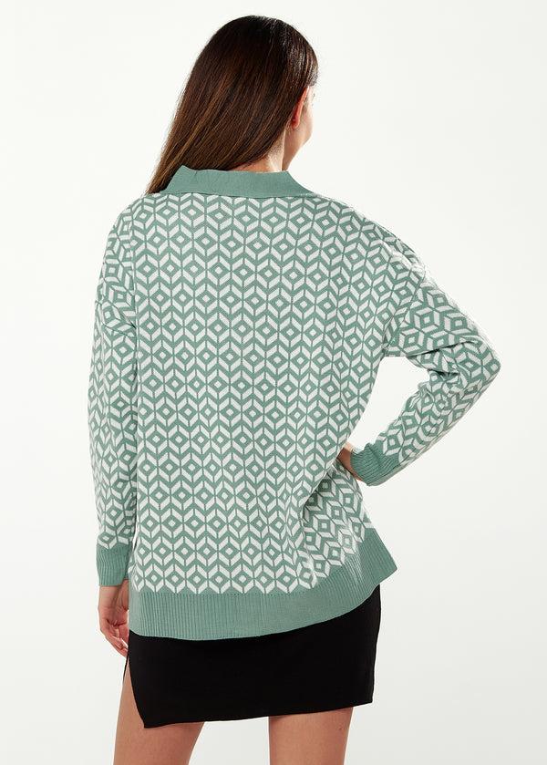 Liquorish Women's Cardigan In Green & Off White Loose Fit With Geometric Pattern Open Front Design By Liquorish