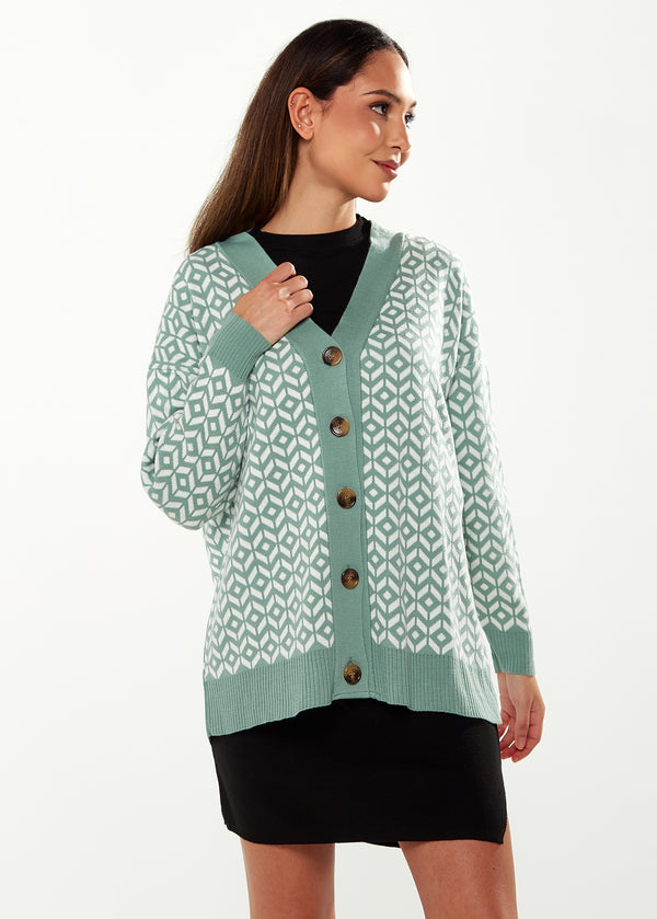 Liquorish Women's Cardigan in Green & Off White Loose Fit with Geometric Pattern Open Front Design by Liquorish