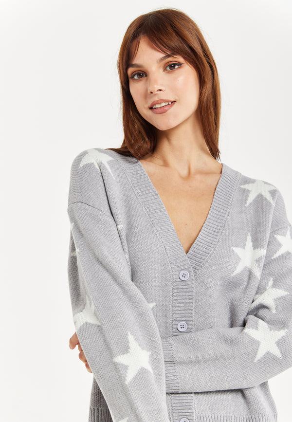 Liquorish Women's Cardigan In Grey & White With Star Pattern Button Front Regular Fit - Liquorish