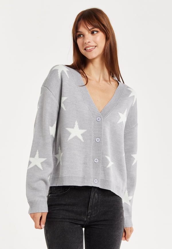 Liquorish Women's Cardigan in Grey & White with Star Pattern Button Front Regular Fit - Liquorish