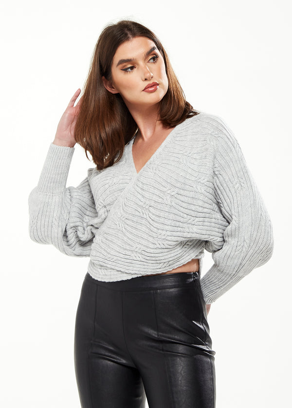 Liquorish Women's Cardigan In Grey With Ribbed Pattern Batwing Sleeves & Knot Detail - Liquorish