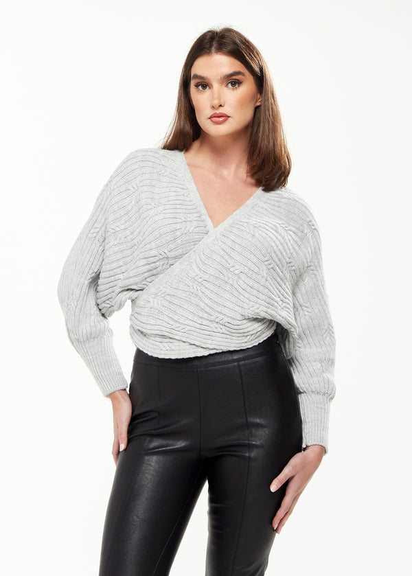 Liquorish Women's Cardigan in Grey with Ribbed Pattern Batwing Sleeves & Knot Detail - Liquorish