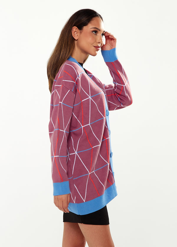 Liquorish Women's Cardigan In Mulberry & Blue With Oversized Geometric Pattern And Contrasting Details By Liquorish