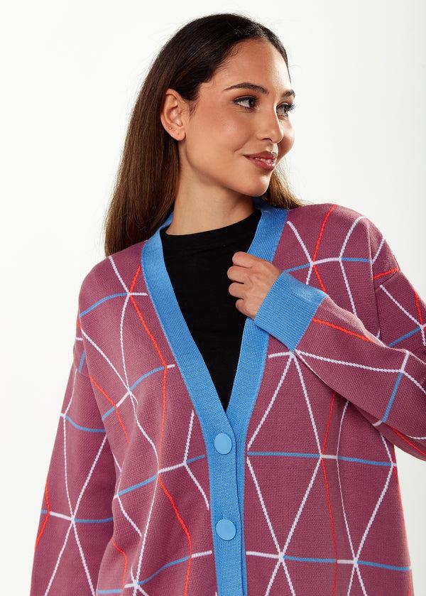 Liquorish Women's Cardigan In Mulberry & Blue With Oversized Geometric Pattern And Contrasting Details By Liquorish