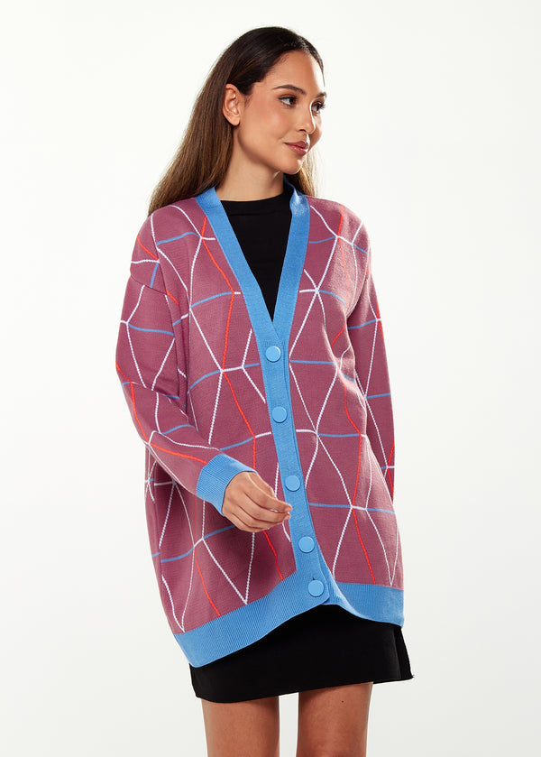 Liquorish Women's Cardigan in Mulberry & Blue with Oversized Geometric Pattern and Contrasting Details by Liquorish