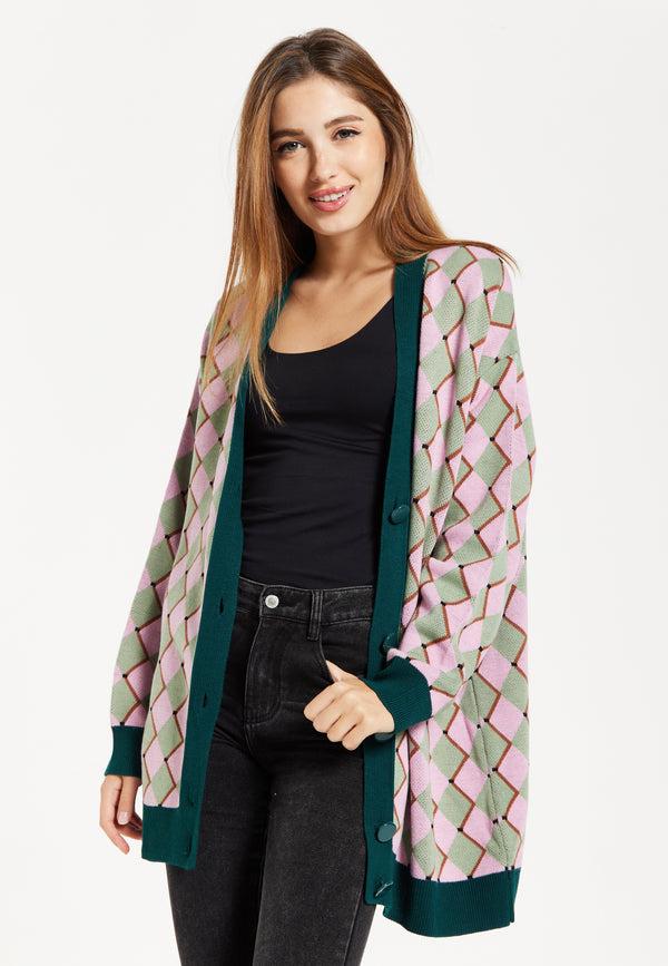 Liquorish Women's Cardigan In Pink & Green With Long Sleeves Diamond Pattern Open Front Design - Liquorish