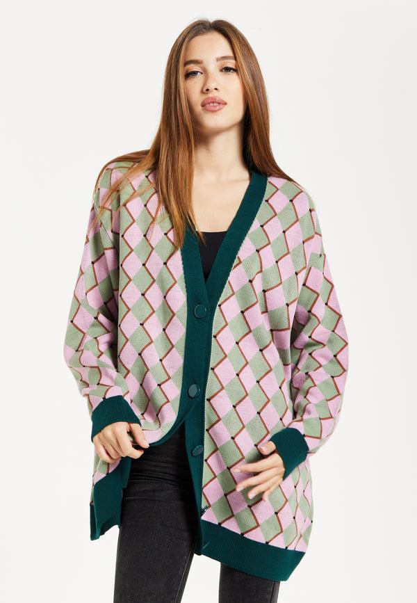 Liquorish Women's Cardigan In Pink & Green With Long Sleeves Diamond Pattern Open Front Design - Liquorish