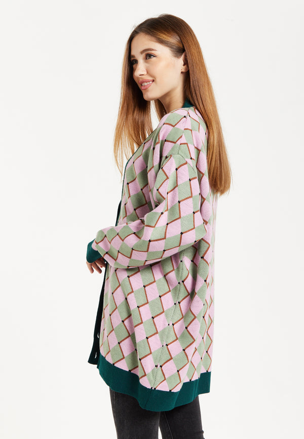 Liquorish Women's Cardigan In Pink & Green With Long Sleeves Diamond Pattern Open Front Design - Liquorish