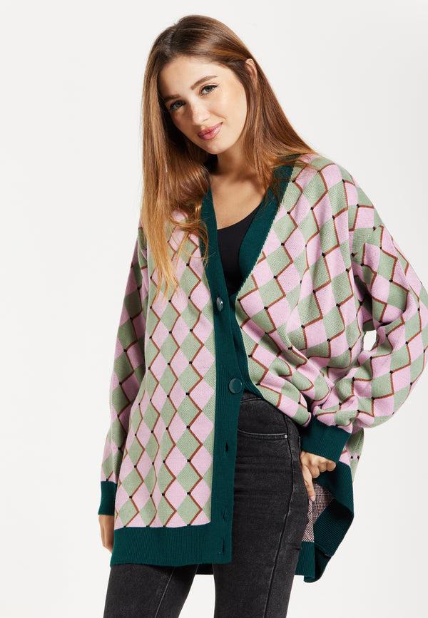 Liquorish Women's Cardigan in Pink & Green with Long Sleeves Diamond Pattern Open Front Design - Liquorish