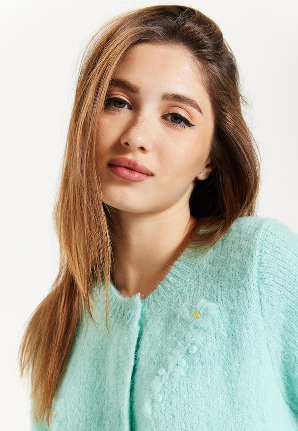 Liquorish Women's Cardigan In Turquoise Floral Pattern Short Sleeves Button Down Style - Liquorish