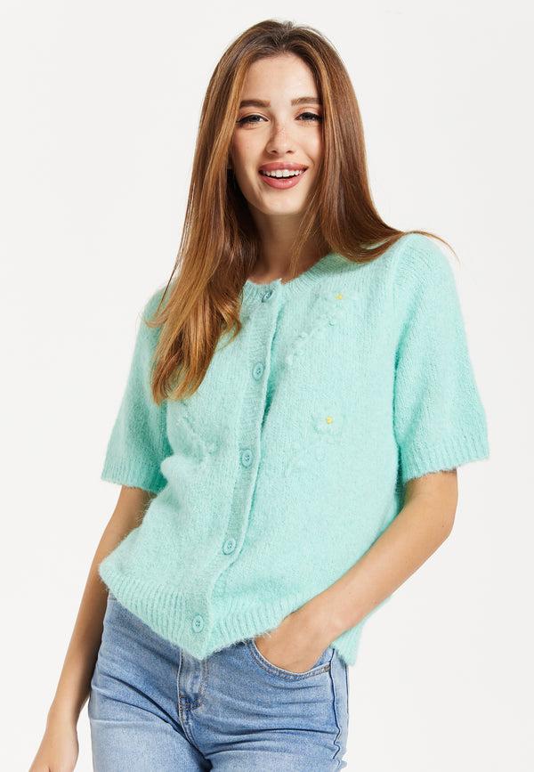 Liquorish Women's Cardigan In Turquoise Floral Pattern Short Sleeves Button Down Style - Liquorish