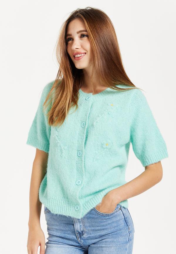 Liquorish Women's Cardigan In Turquoise Floral Pattern Short Sleeves Button Down Style - Liquorish