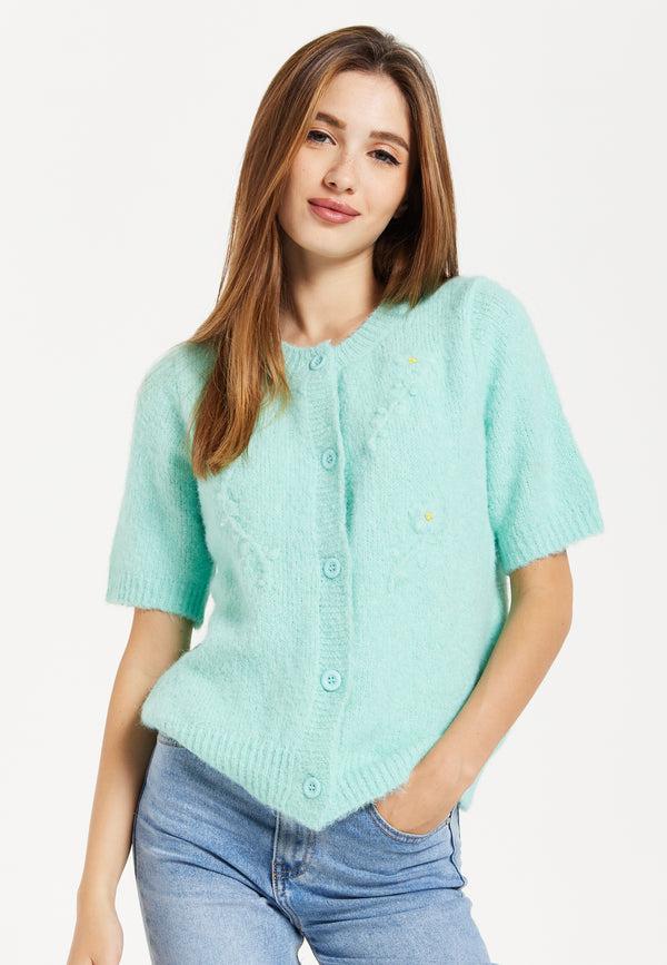 Liquorish Women's Cardigan in Turquoise Floral Pattern Short Sleeves Button Down Style - Liquorish