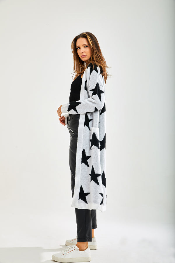 Liquorish Women's Cardigan In White With Long Sleeves Whimsical Star Pattern Comfortable Fit Liquorish