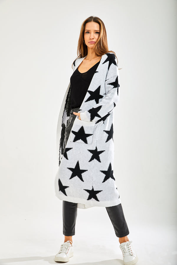 Liquorish Women's Cardigan in White with Long Sleeves Whimsical Star Pattern Comfortable Fit Liquorish