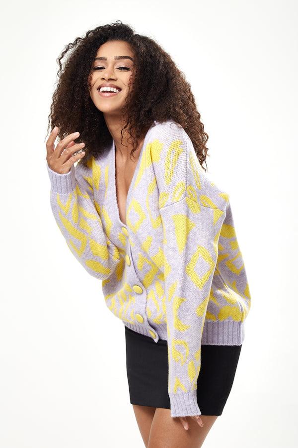 Liquorish Women's Cardigan In Yellow And Lilac Geometric Pattern With Long Sleeves - Stylish Button-Up By Liquorish