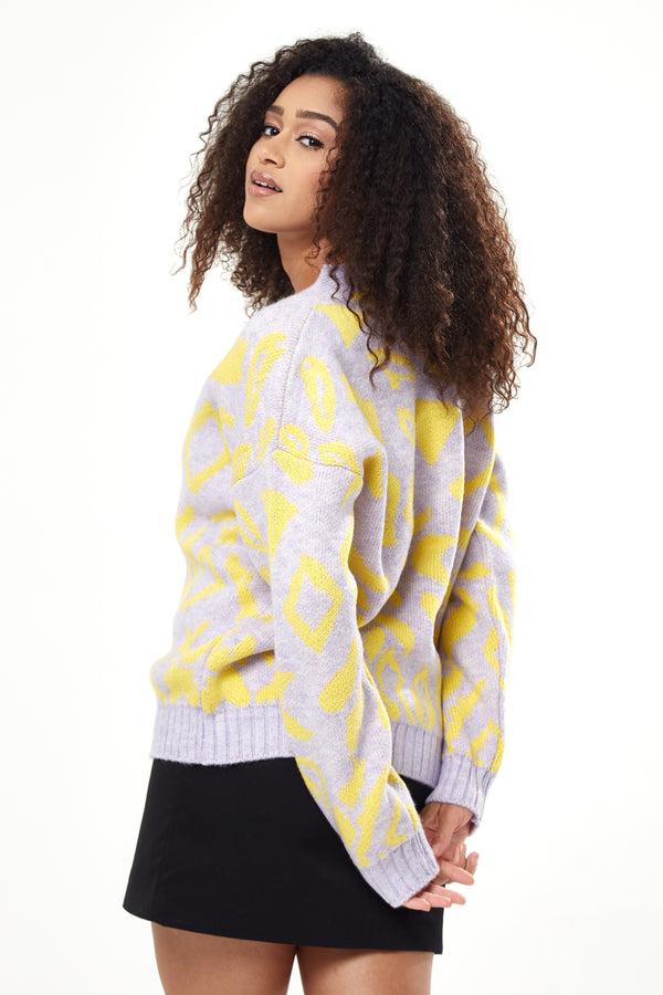 Liquorish Women's Cardigan In Yellow And Lilac Geometric Pattern With Long Sleeves - Stylish Button-Up By Liquorish
