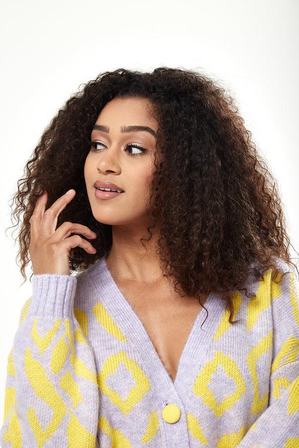 Liquorish Women's Cardigan In Yellow And Lilac Geometric Pattern With Long Sleeves - Stylish Button-Up By Liquorish