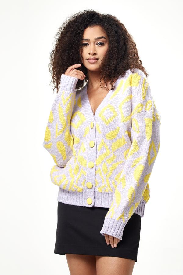 Liquorish Women's Cardigan in Yellow and Lilac Geometric Pattern with Long Sleeves - Stylish Button-Up by Liquorish