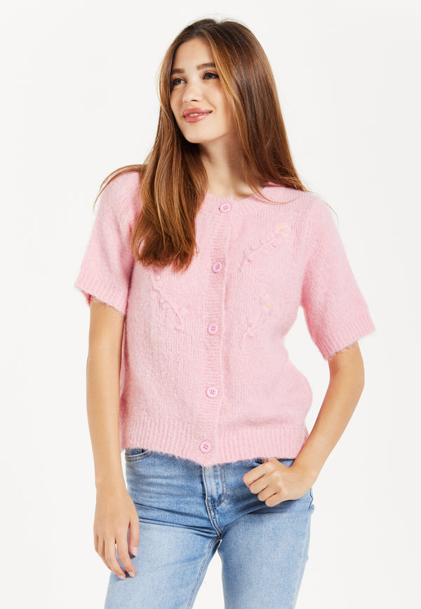 Liquorish Women's Cardigan Pink Floral Short Sleeve Knitted With Button-Down Front Chic Comfort By Liquorish