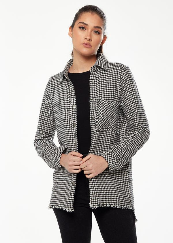 Liquorish Women's Checked Shirt in Black & White - Long Sleeve Classic Collar Chest Pocket Regular Fit Raw Hem