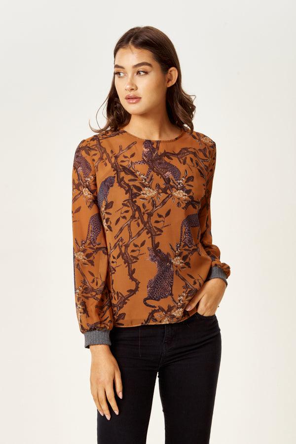 Liquorish Women's Cheetah Print Long Sleeve Top In Grey With Elasticated Cuffs - Regular Fit Stylish And Comfortable