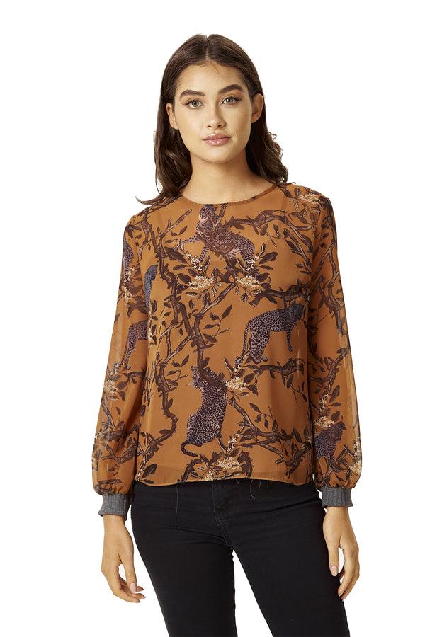 Liquorish Women's Cheetah Print Long Sleeve Top in Grey with Elasticated Cuffs - Regular Fit Stylish and Comfortable